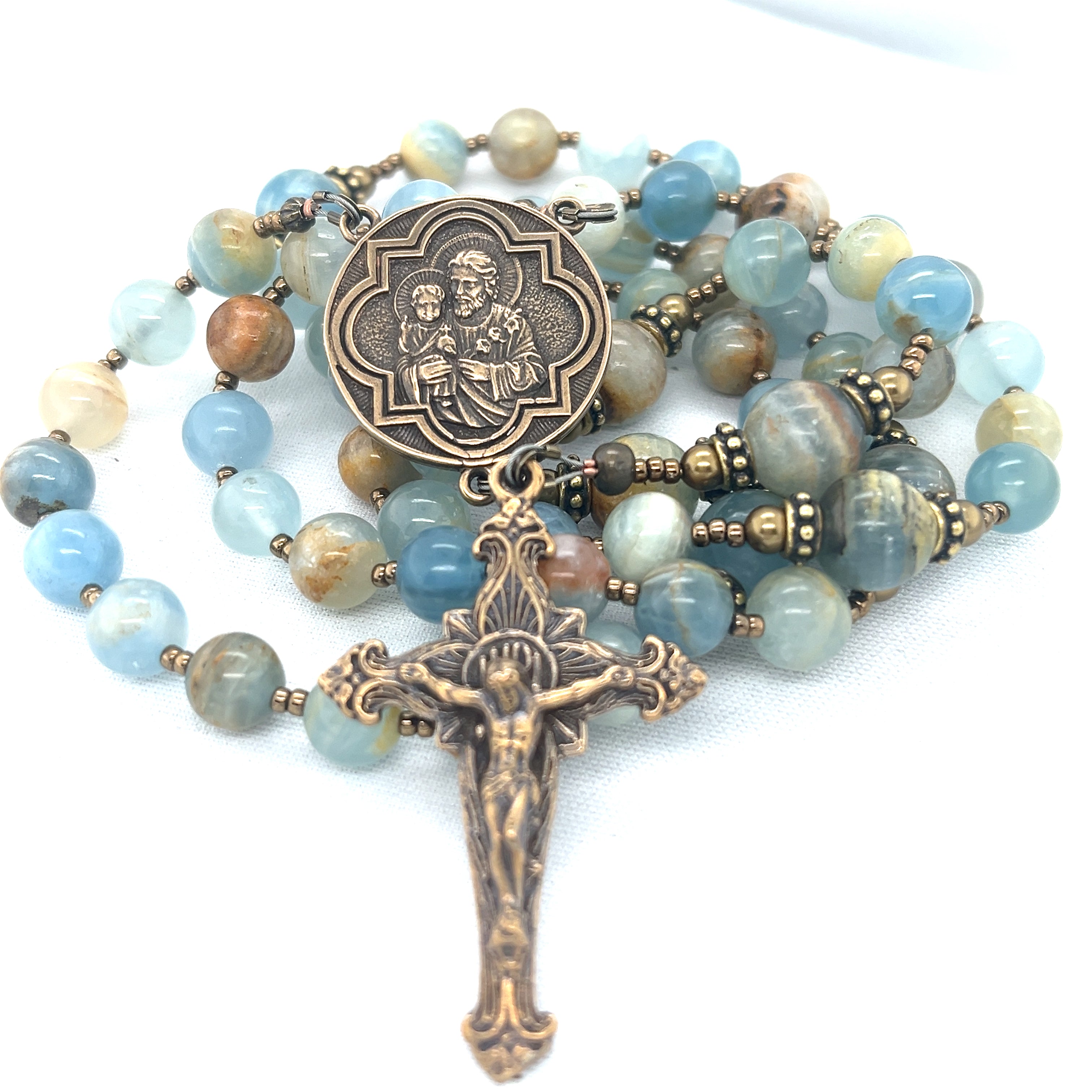 Argentina Blue Aquatine and Bronze Rosary,  St. Joseph 3 Hearts Center, IHS Crucifix