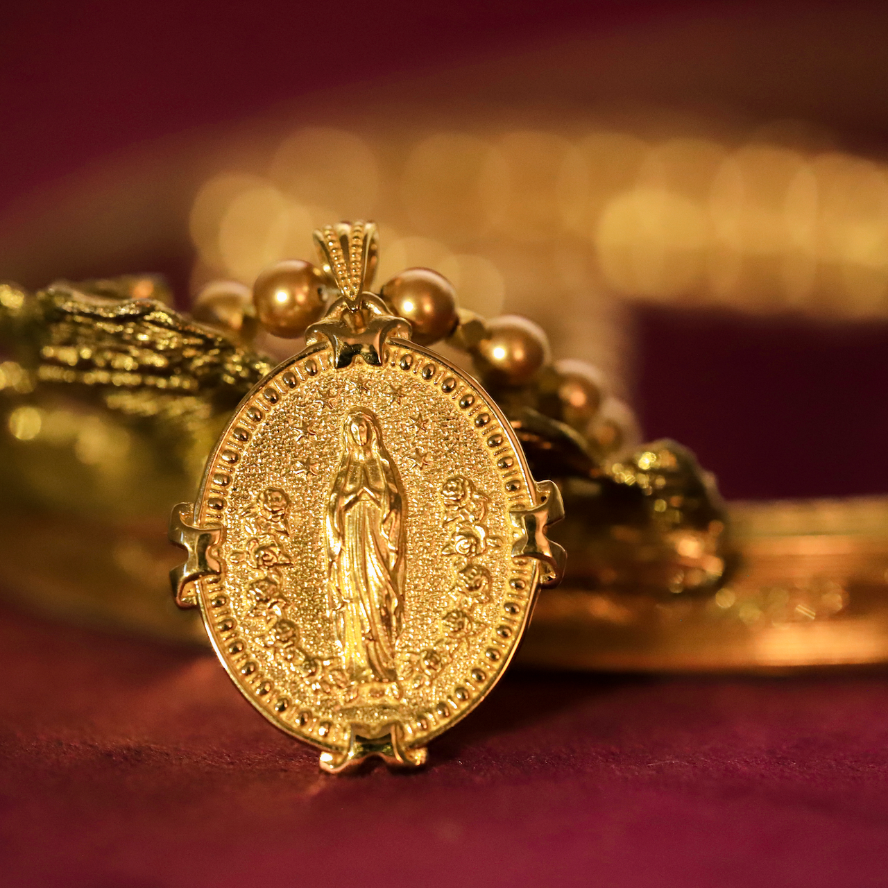 Auspice Maria and Our Lady of Lourdes Gold vermeil necklace on Crystal Gold Pearls