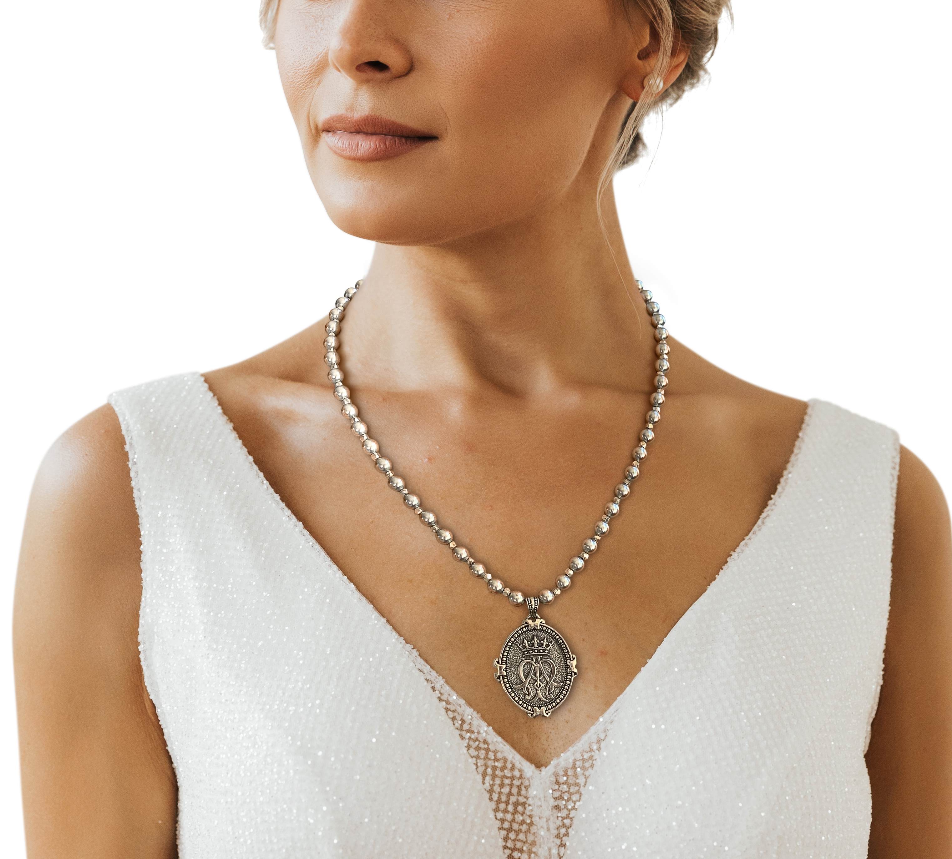 Large French Auspice Maria and Lourdes Reversible Pendant in Sterling Silver on Swarovski Pearls, 33mm