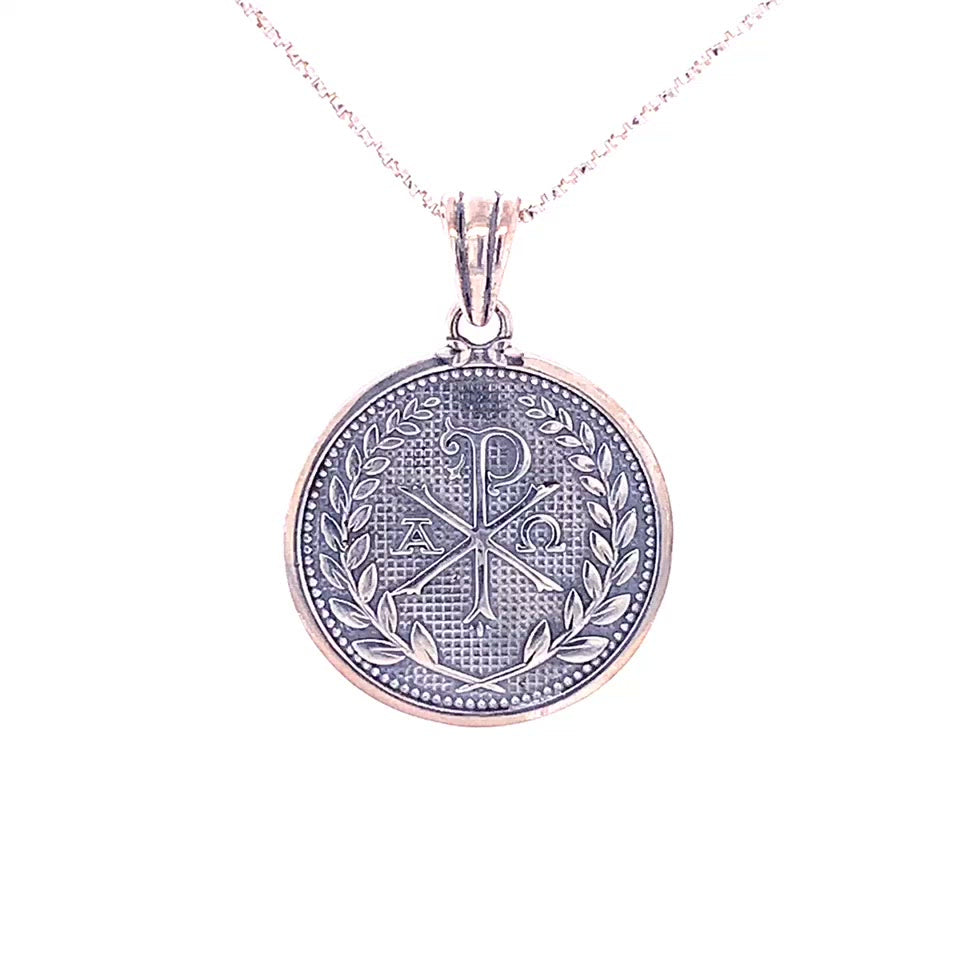 rotating image of sterling silver pendant chi rho with alpha and omega