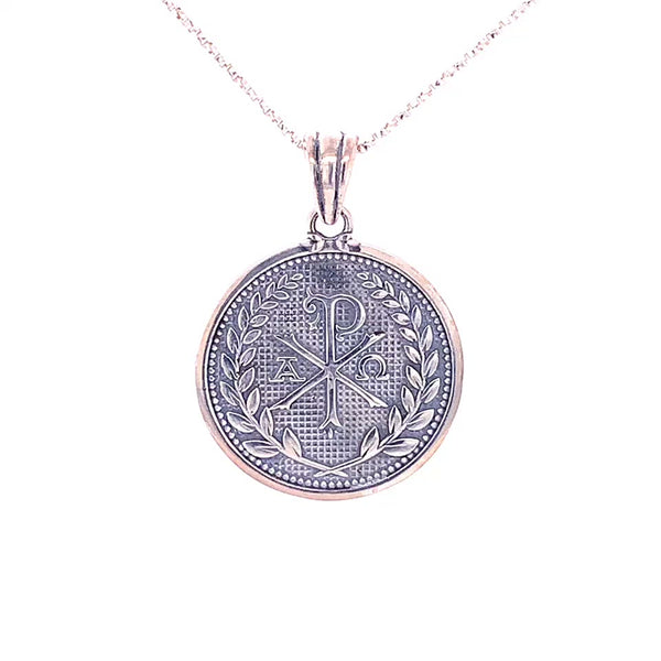 rotating image of sterling silver pendant chi rho with alpha and omega