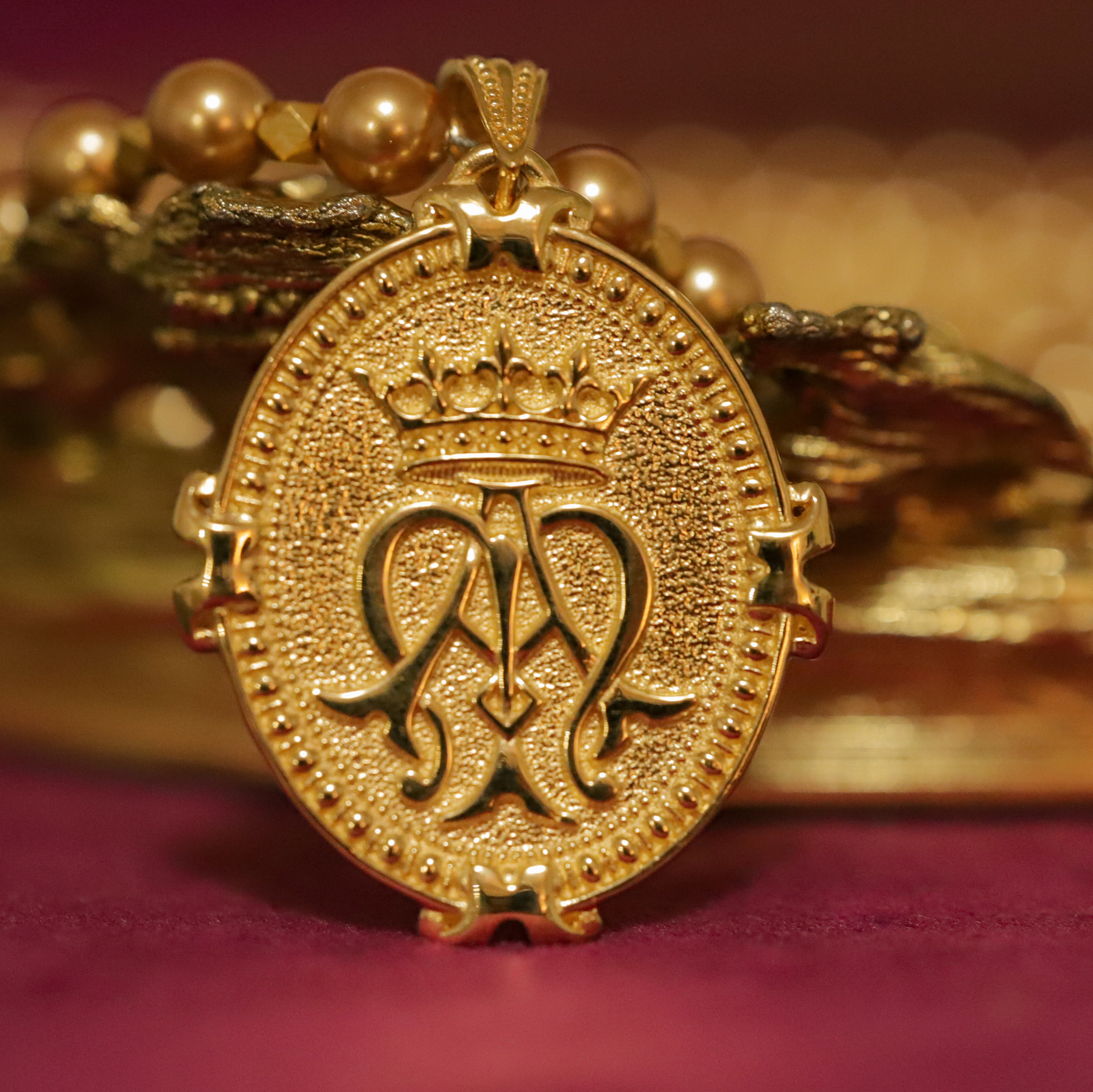 Large French Auspice Maria and Lourdes Pendant in 14k Gold Vermeil on Crystal Pearls, 33mm (Two-Sided)