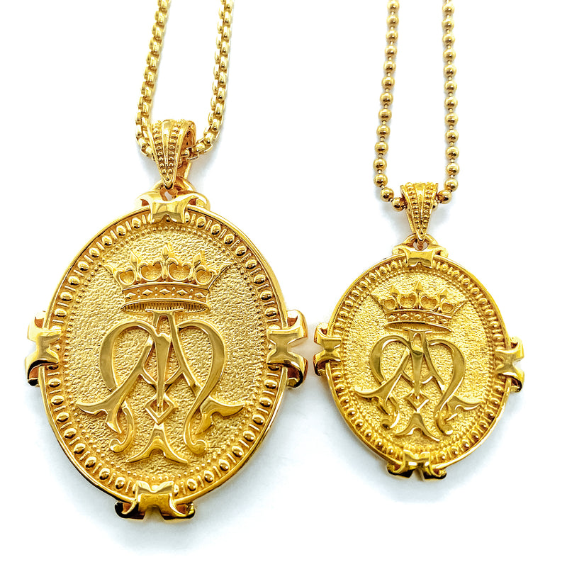 Small French Auspice Maria and Lourdes Reversible Pendant in 14K Gold Vermeil, 23mm