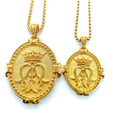 Large French Auspice Maria and Lourdes Reversible Pendant in 14k Gold Vermeil, 33mm