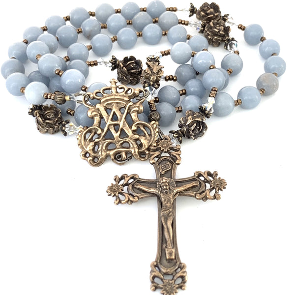 Auspice Maria Center with crown, bronze crucifix and angelstone Ave Maria (hail mary) beads with bronze rose our father beads