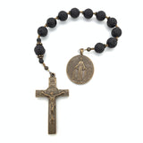 Men's single decade rosary with lava rock beads and french antique miraculous medal