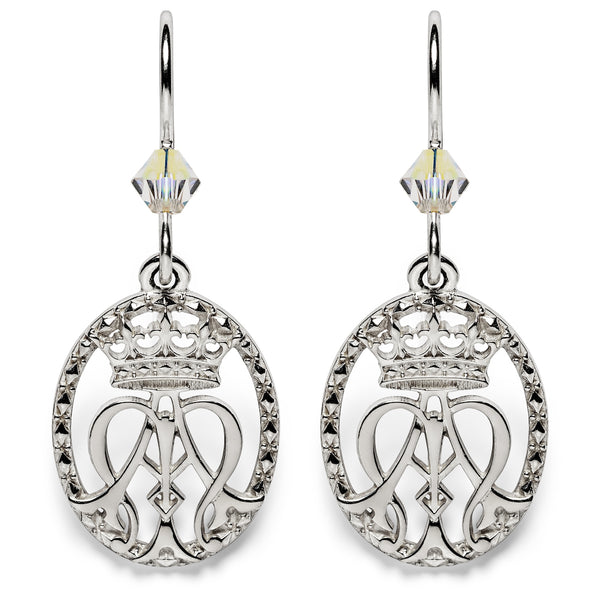 Sterling silver earrings with a shepards hook and crystal featuring an intertwining A and M topped by a crown signifying Auspice Maria or Ave Maria.  The crown reflects Mary's position as Queen of Heaven.