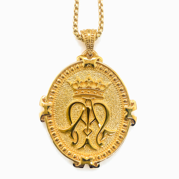 Large French Auspice Maria and Lourdes Reversible Pendant in 14k Gold Vermeil, 33mm