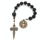 Handsome single decade for boys featuring lava rock rosary beads and St James crucifix
