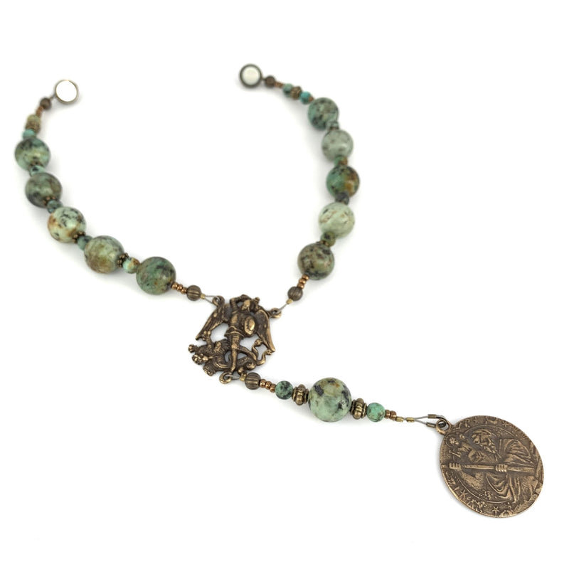 Car rosary with amazonite beads, a bronze St Michael center and a St Christopher medal with stong magnetic clasp