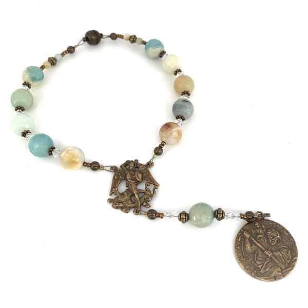 Car rosary featuring St Michael the Archangel and St Christopher with amazonite rosary beads