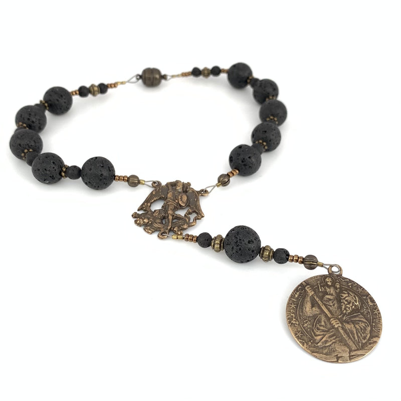 Car rosary with lava rock beads, a bronze St Michael center and a St Christopher medal with strong magnetic clasp