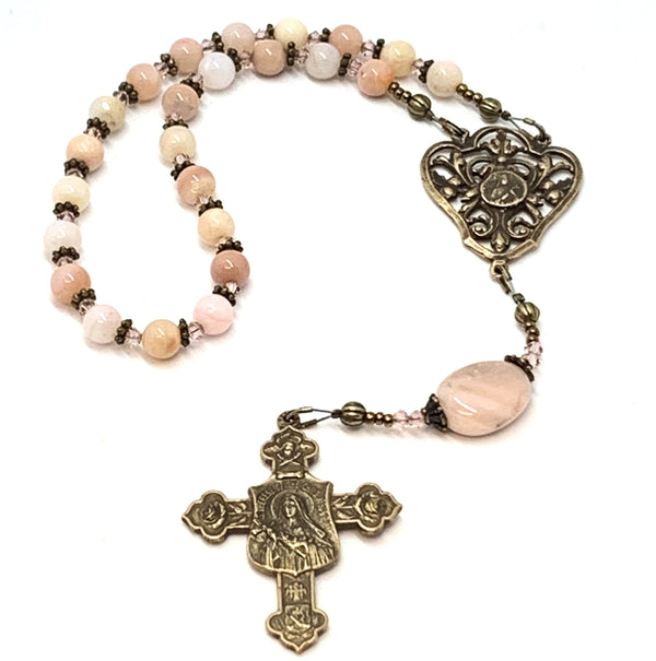 Chaplet of St Therese the "Little Flower" featuring pink opal gemstone rosary beads and solid bronze cross