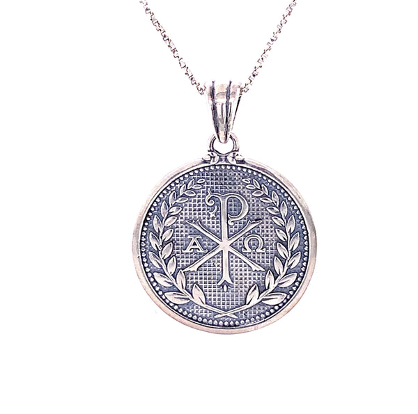 Sterling silver Chi Rho pendant on silver chain including the alpha and the omega