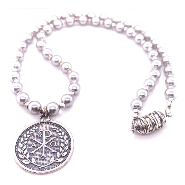 Chi Rho Pendant in Sterling Silver on Swarovski Pearls, 26mm