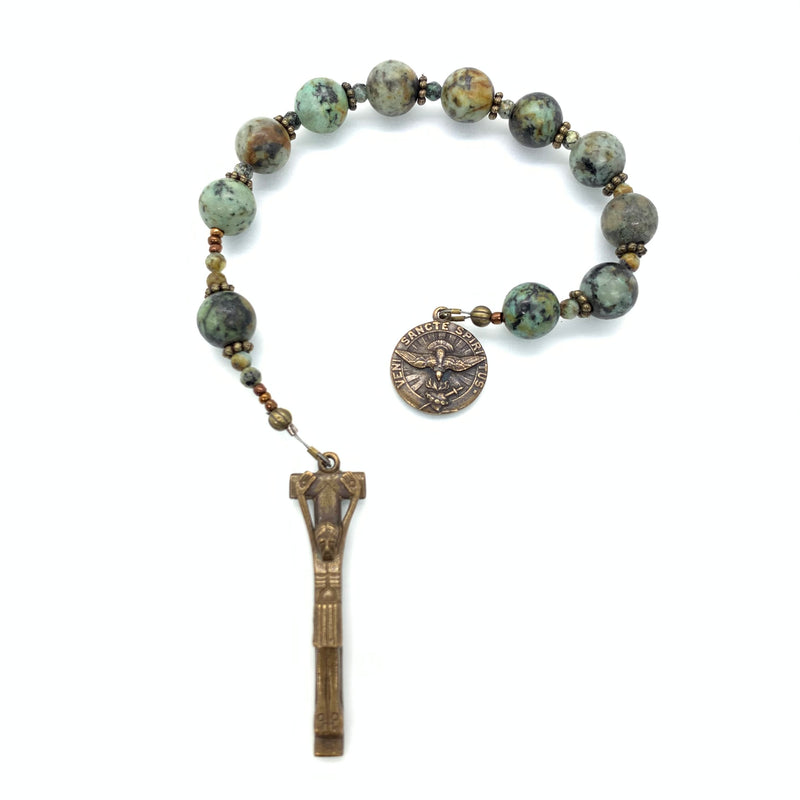 African "Turquoise" (Jasper) and Bronze Penal Crucifix and Holy Spirit Single Decade Rosary