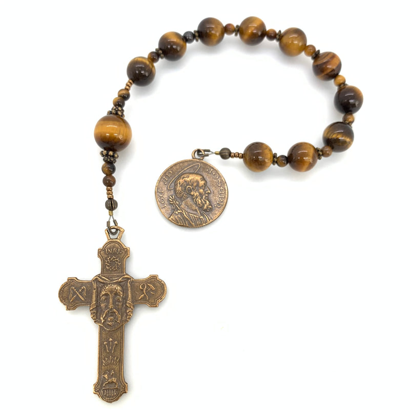 Tiger Eye and Bronze St. Joseph and Holy Face Cross Single Decade Rosary