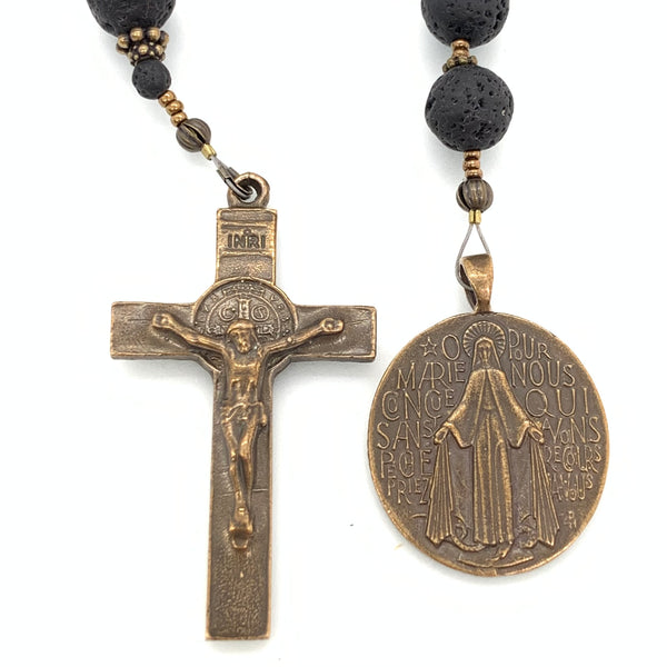 Lava Rock and Bronze Miraculous Medal and St. Benedict Single Decade Rosary