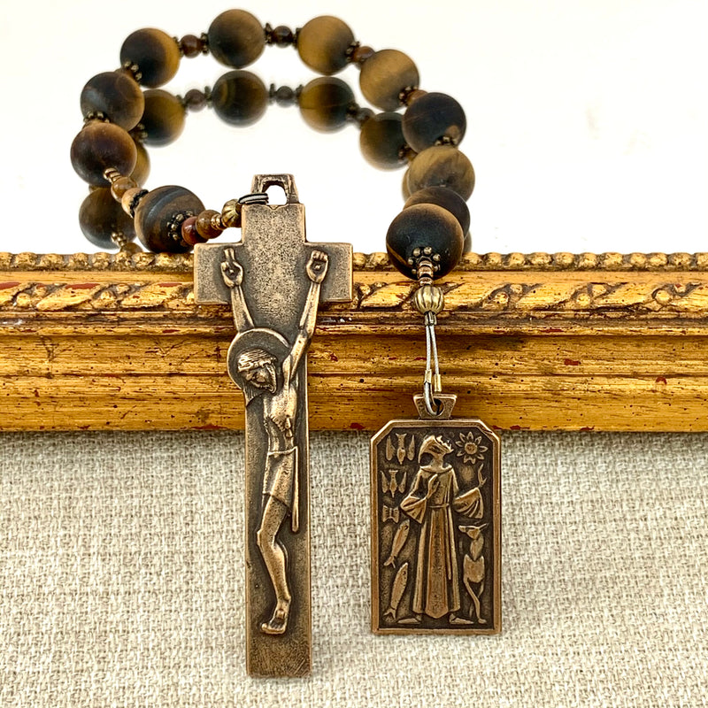 Tiger Eye (Natural) and Bronze St. Francis and Penal Crucifix Single Decade Rosary