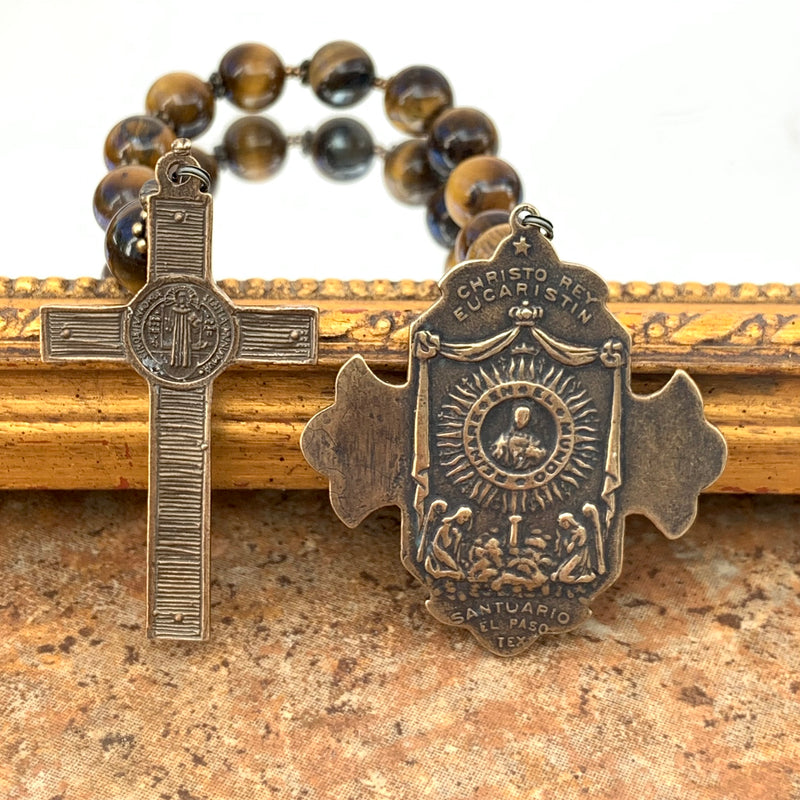 Single Decade Rosary - Golden Brown Tigereye and Bronze Large Sts. Michael and Benedict