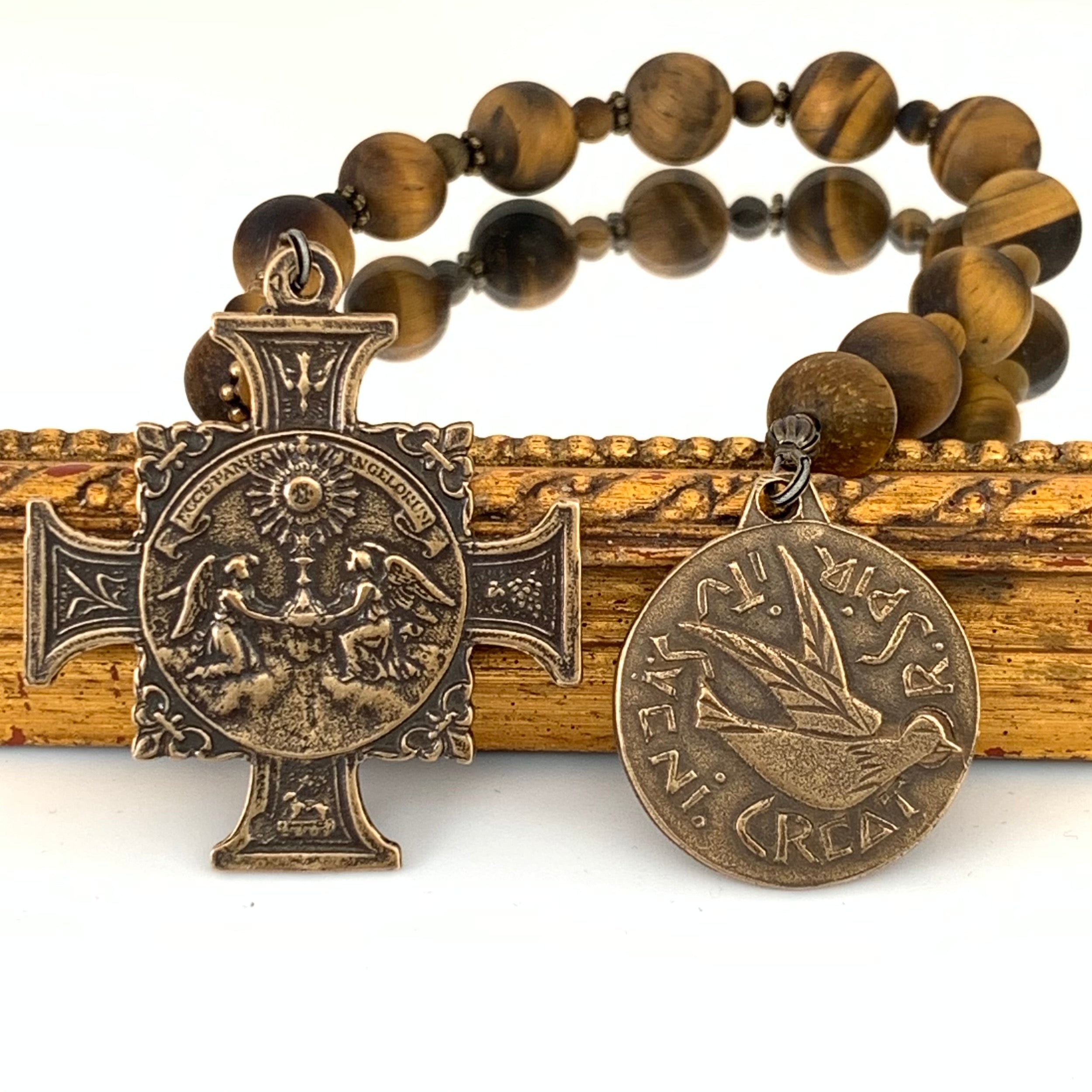 Tiger Eye and Bronze Sacred Heart and Holy Spirit Single Decade Rosary