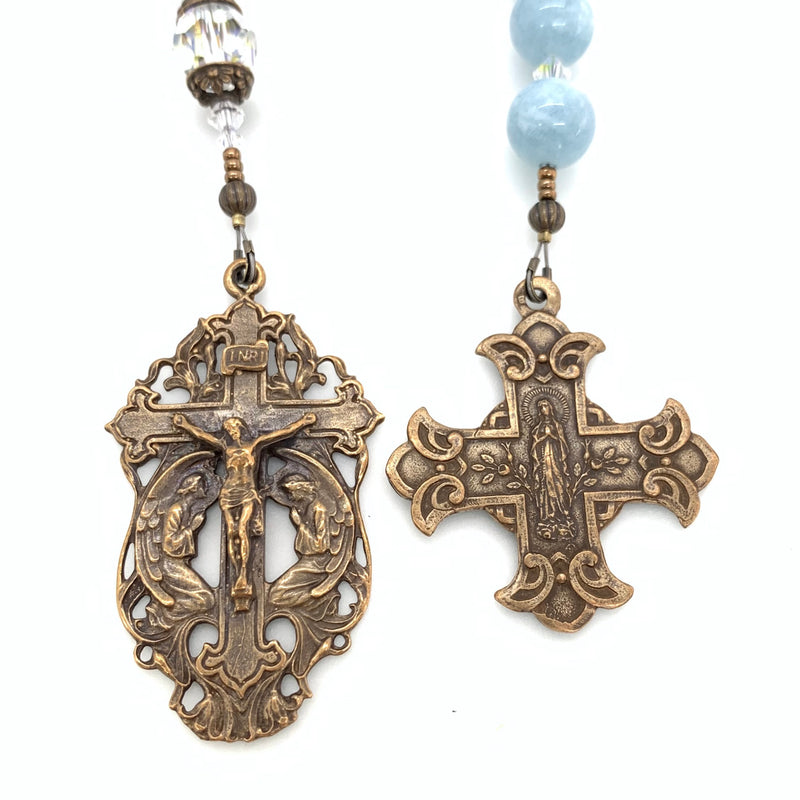 Aquamarine and Bronze Two Hearts Cross and Kneeling Angels Single Decade Rosary -