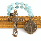 Aquamarine and Bronze Mary with 9 Angels Single Decade Rosary -