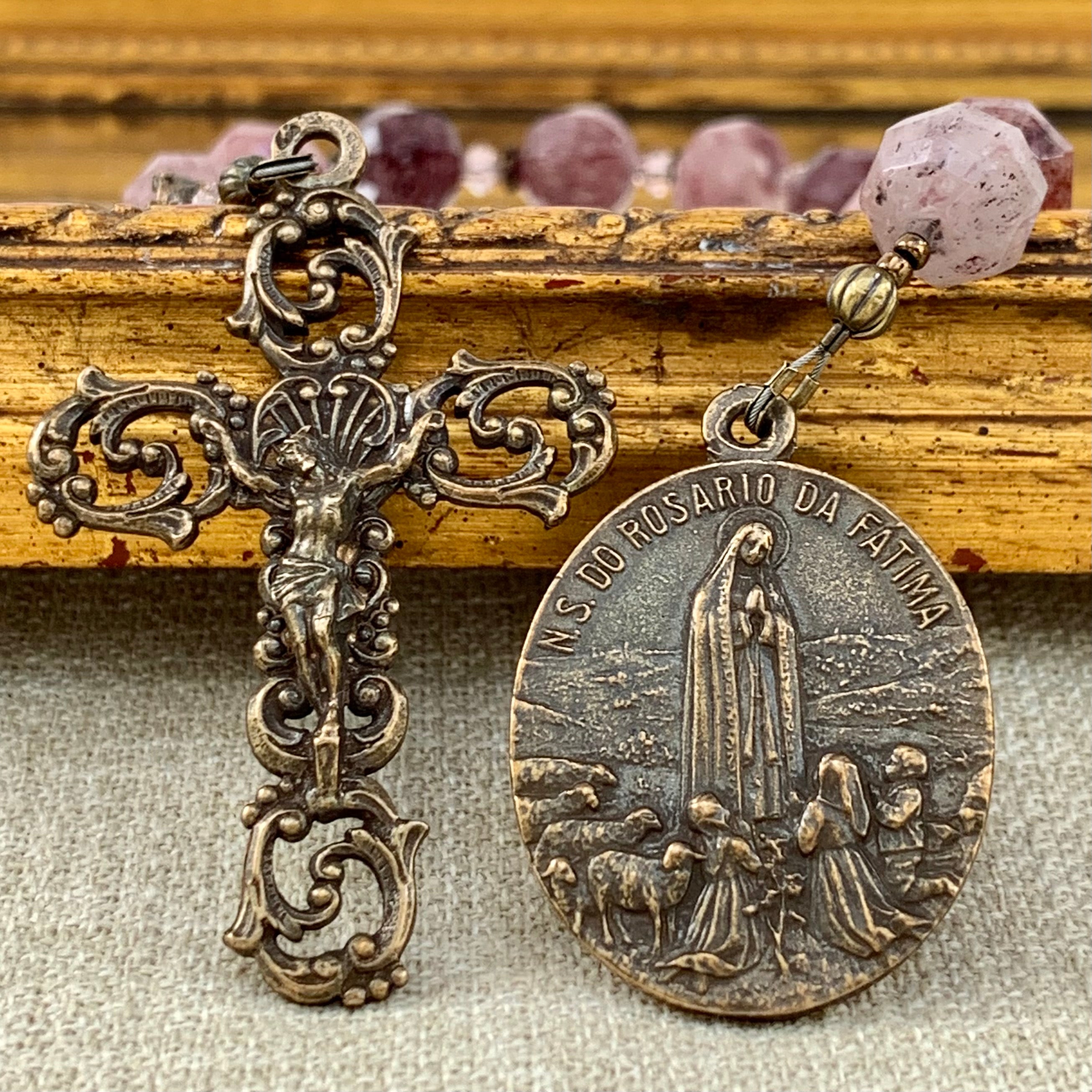 Strawberry Quartz and Bronze, Fatima Single Decade Rosary