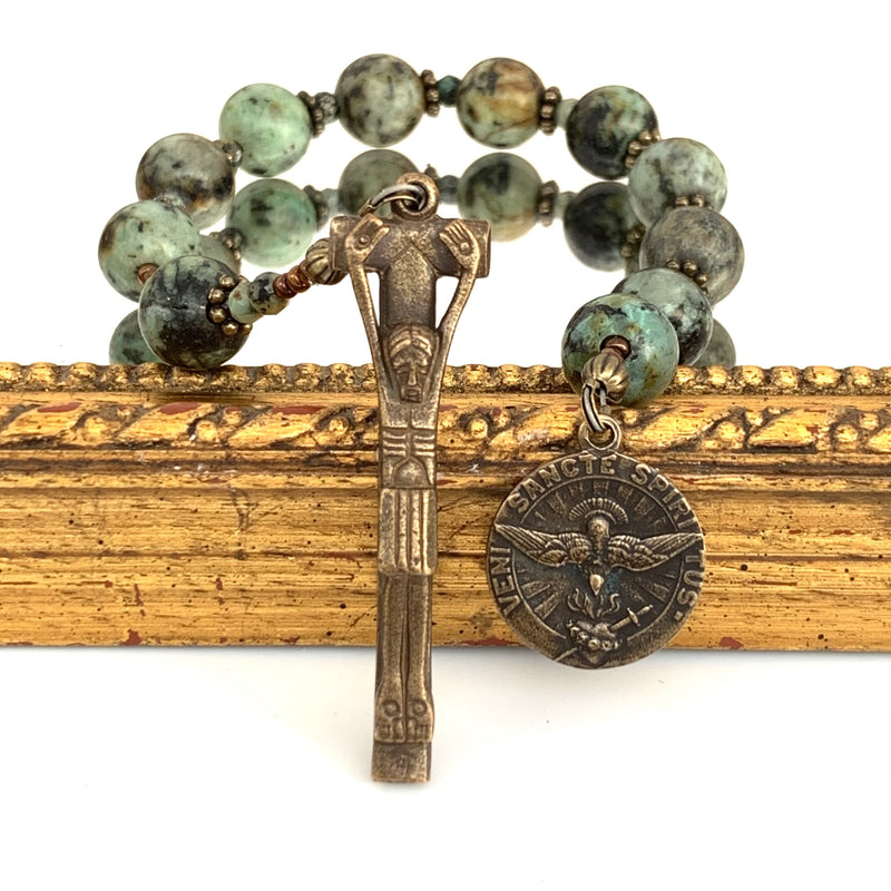 Single Decade rosary with African Turquoise Ave Maria beads and bronze holy spirit medal