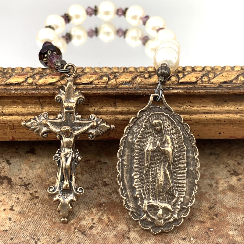 Decade rosary with cream Swarovski imitation pearls, Our Lady of Guadalupe bronze medal, and handsome little crucifix, bronze