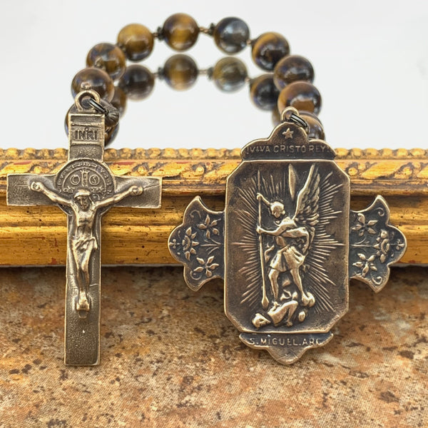 Single Decade rosary with St Benedict crucifix, St Michael bronze medal, and Tiger Eye rosary beads