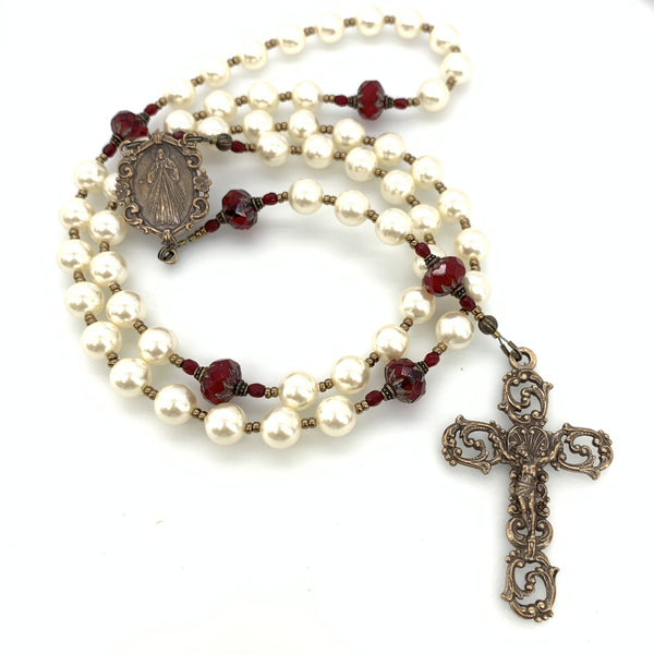 Chaplet of divine mercy with white immitation pearls and red czech starburst beads