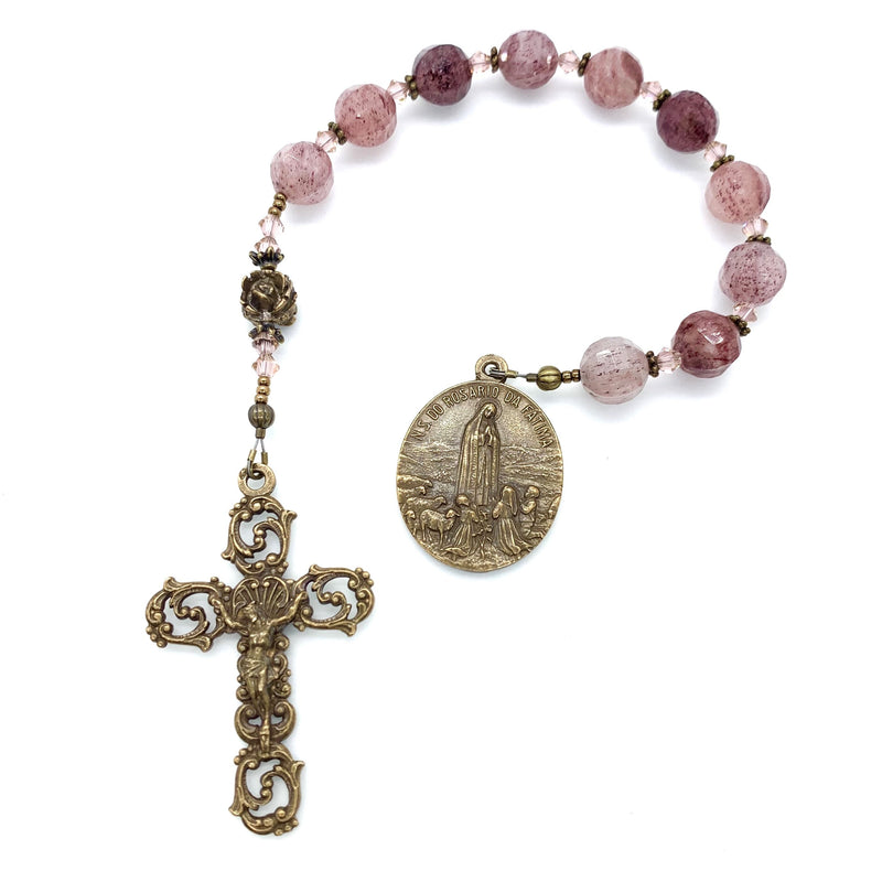 Strawberry rosary beads with bronze Fatima medal and pink Swarovski crystal spacers and scrolls crucifix