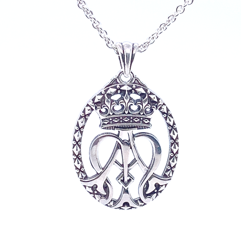 Sterling silver openwork french auspice maria necklace pendant hanging on a silver chain