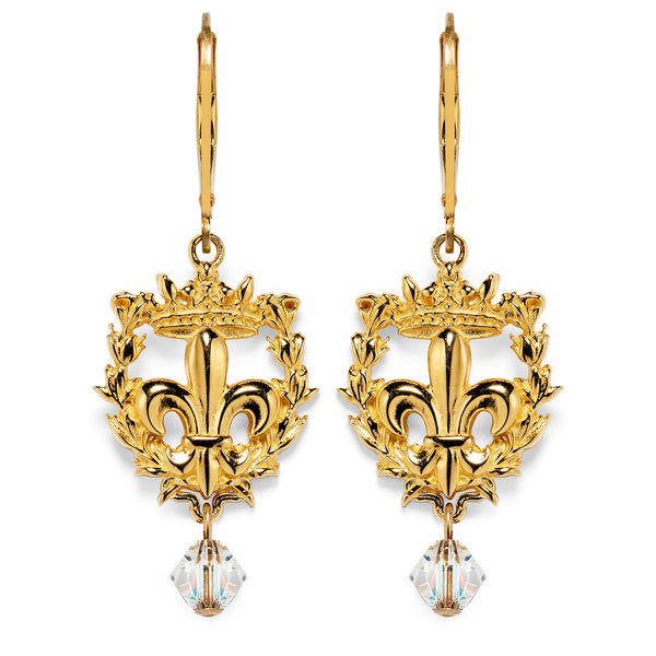 Gold earrings with a fleur de lis surrounded by a crest and topped with a crown.  A crystal at the bottom and lever backs at the top.