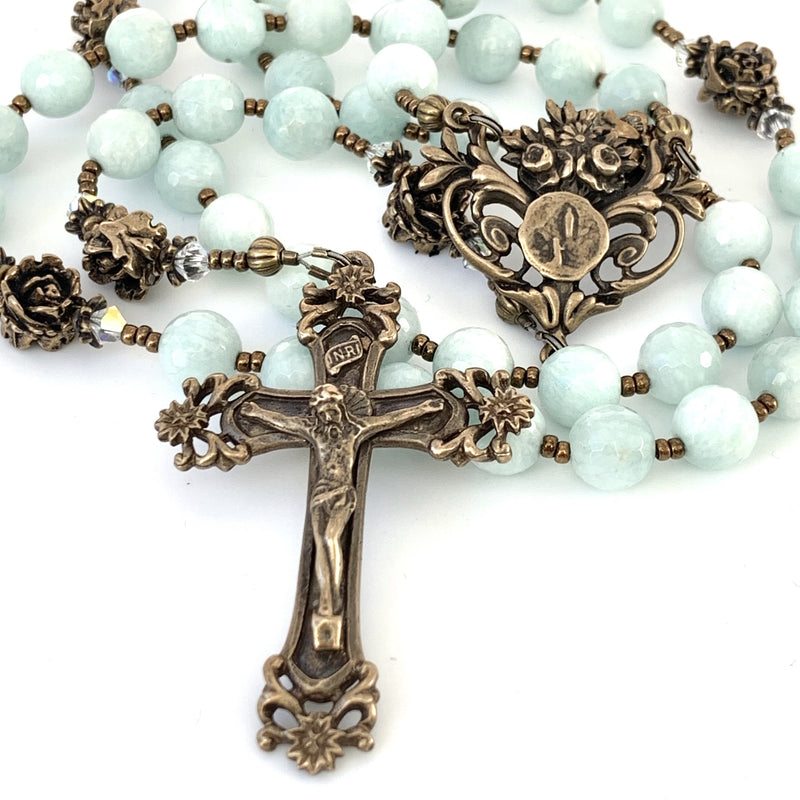 Green Amazonite and Bronze Rosary, Lourdes Center and Scrolls Crucifix
