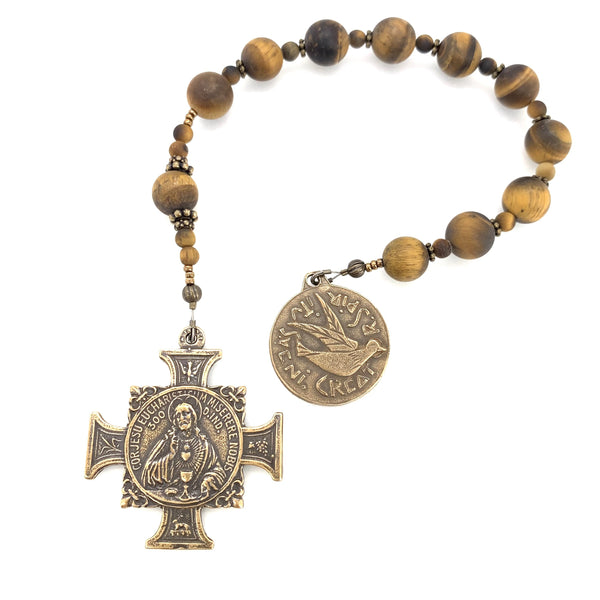 Single decade rosary with natural tiger eye beads and holy spirit medal and eucharist cross