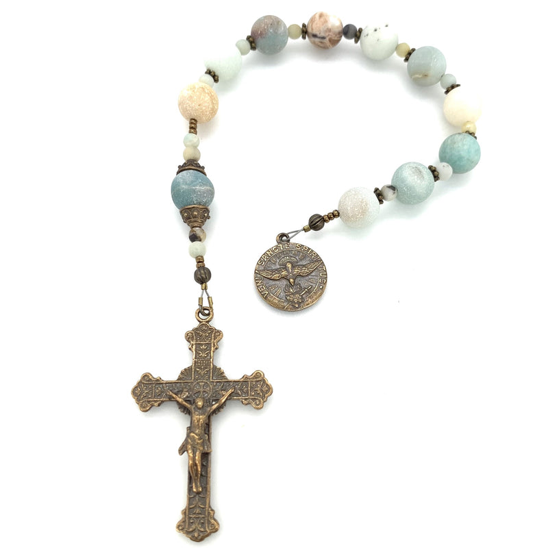 Amazonite beads in single decade rosaray with bronze holy spirit medal and crucifix
