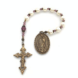 Our Lady of Guadalupe medal with Swarovski pearls and crystal beads on tenner rosary