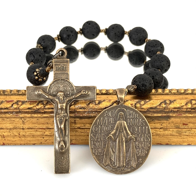 Single Decade Rosary with Lava Rock rosary beads and Bronze Miraculous Medal and St. Benedict crucifix