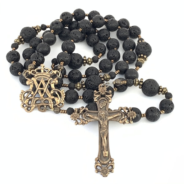 Traditional Rosary with Lava Rock rosary beads and Bronze, Auspice Maria Center and Scrolls Crucifix