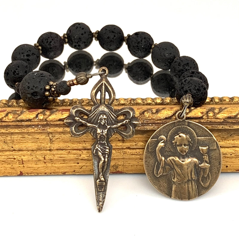 Single Decade Rosary with Lava Rock hail Mary rosary beads and Bronze Young Jesus with Eucharist 