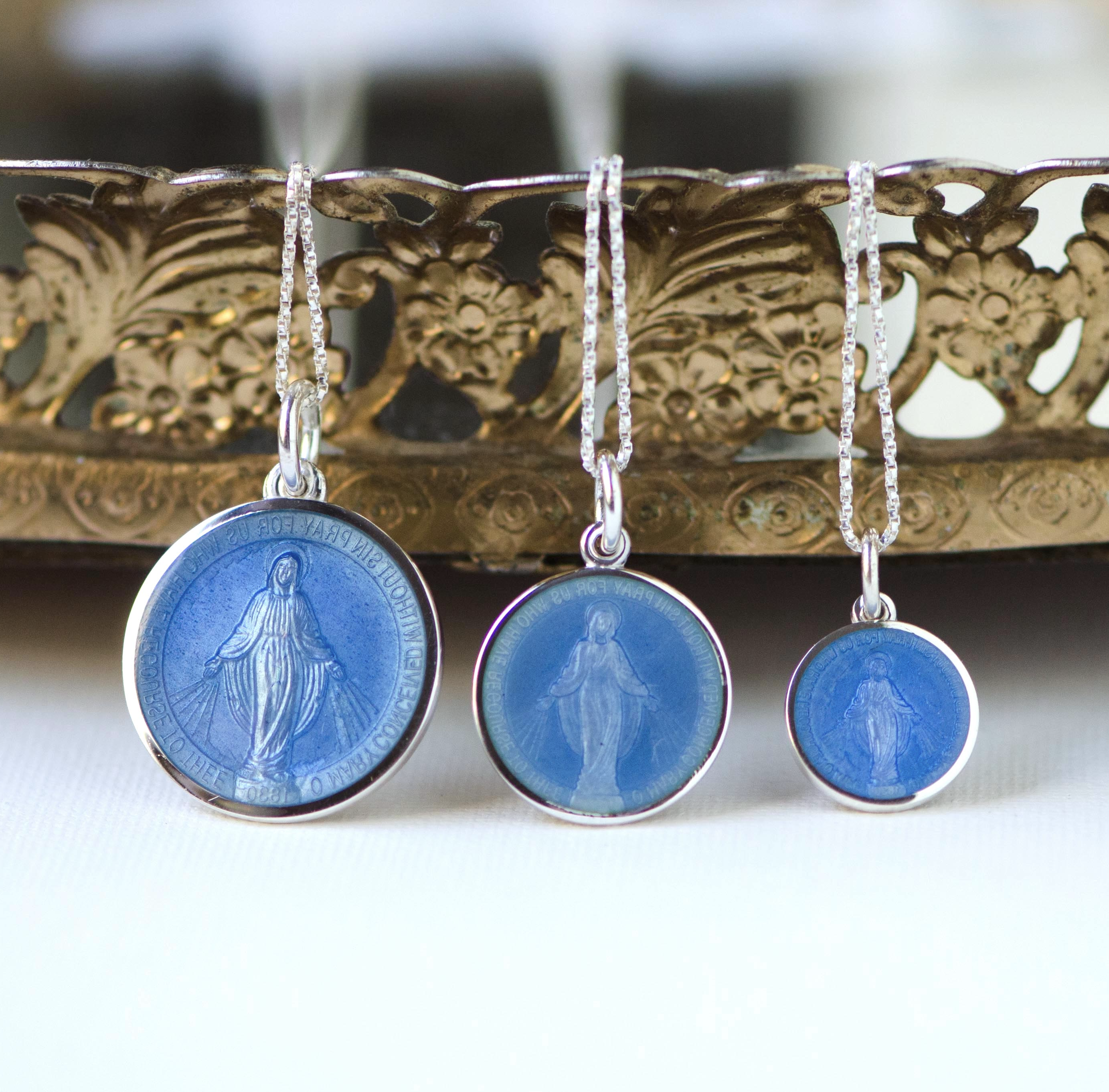  Three Sterling Silver Miraculous Medals on silver chains with blue enamel backgrounds