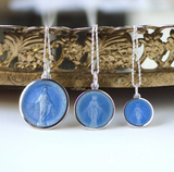  Three Sterling Silver Miraculous Medals on silver chains with blue enamel backgrounds