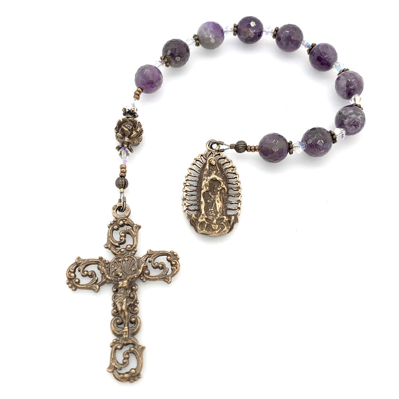 Amethyst rosary beads with bronze rose and open scrolls crucifix with Our Lady of Guadalupe