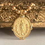 Large French Auspice Maria and Lourdes Pendant in 14k Gold Vermeil on Crystal Pearls, 33mm (Two-Sided)