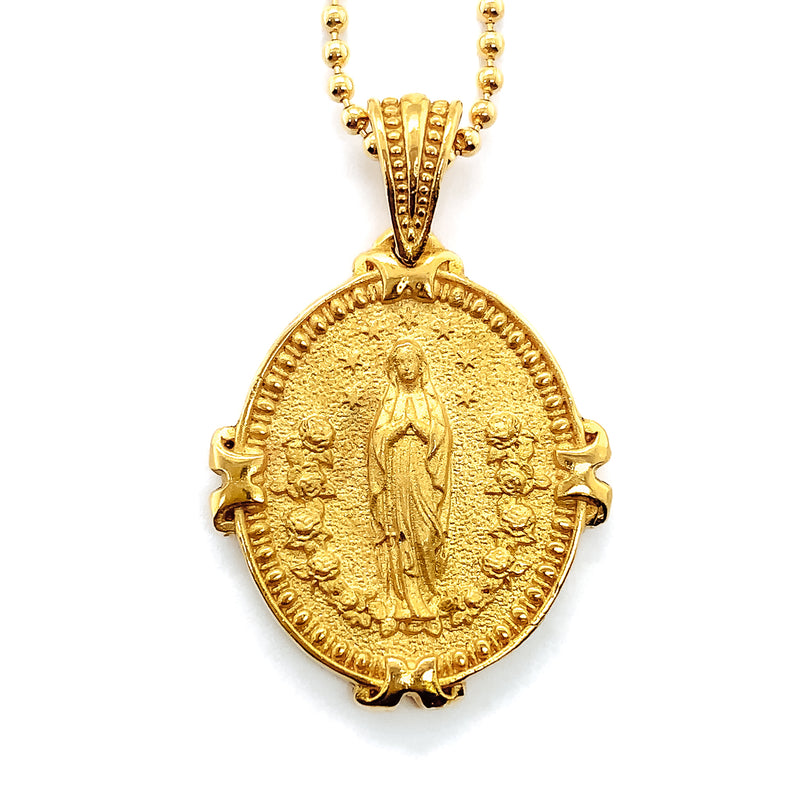 Gold necklace pendant with our lady of lourdes. The pendant is hung from a gold bead chain.  The reverse side of the pendant contains an image of Mary's Auspice Maria emblem with her crown indicating she is Queen of Heaven.  Ave Maria Necklace.