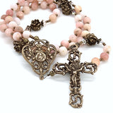 St Therese bronze center of rosary with pink opal gemstones and bronze rose our father beads on traditional rosary