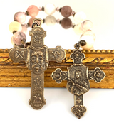 St Therese Single Decade Rosary with Pink Opal gemstone hail mary beads and Swarovski crystal accents and Bronze holy face cross