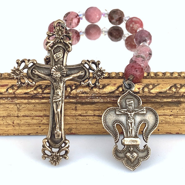 Pink Rhodonite and Bronze Fleur de Lis Single Decade Rosary with Scrolls crucifix